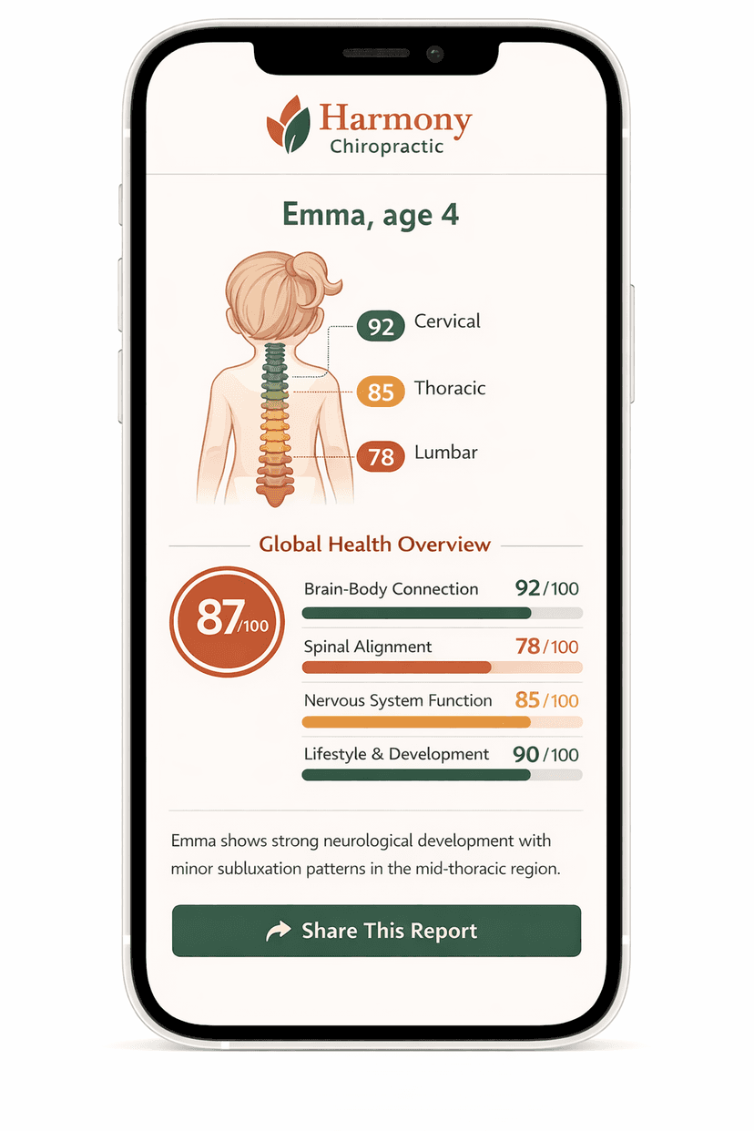 Pediatric health assessment report showing spine illustration with zone scores, global health overview, and share button on a smartphone