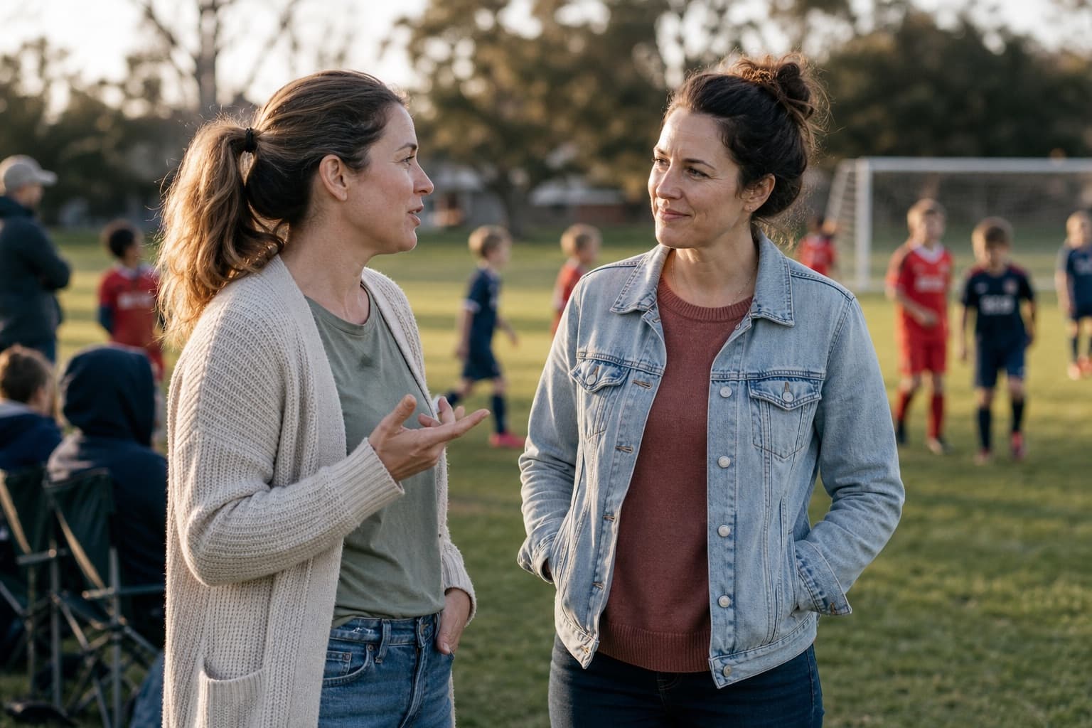 Two moms having a natural conversation on the sidelines of a youth soccer game