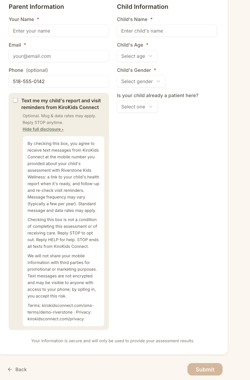 The assessment contact step: a Phone field with an unchecked 'Text me my child's report and visit reminders from KiroKids Connect' checkbox beneath it and the full SMS disclosure expanded inline.